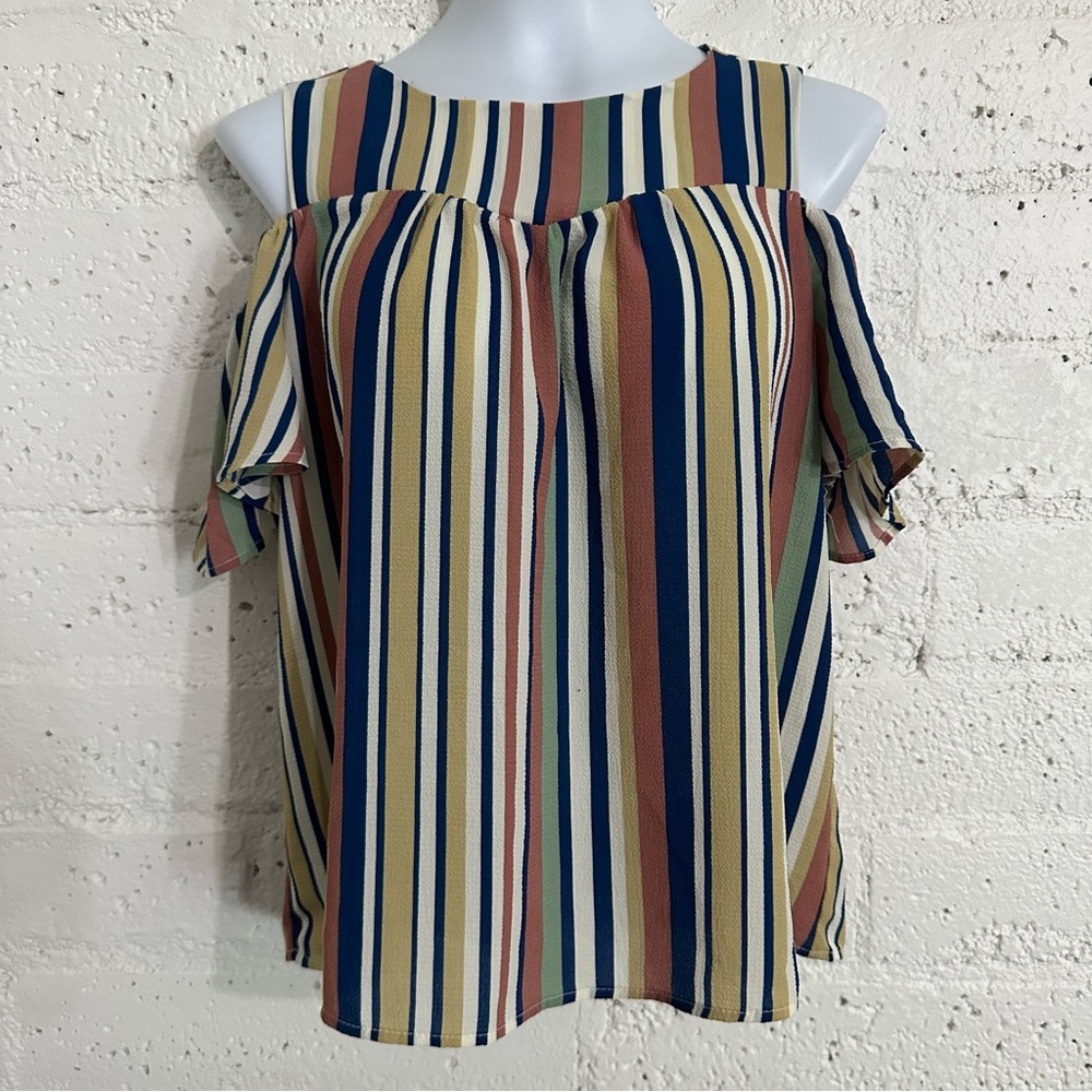 Monteau Juniors Top M Multicolor Stripe Cold Shoulder Blouse BN4